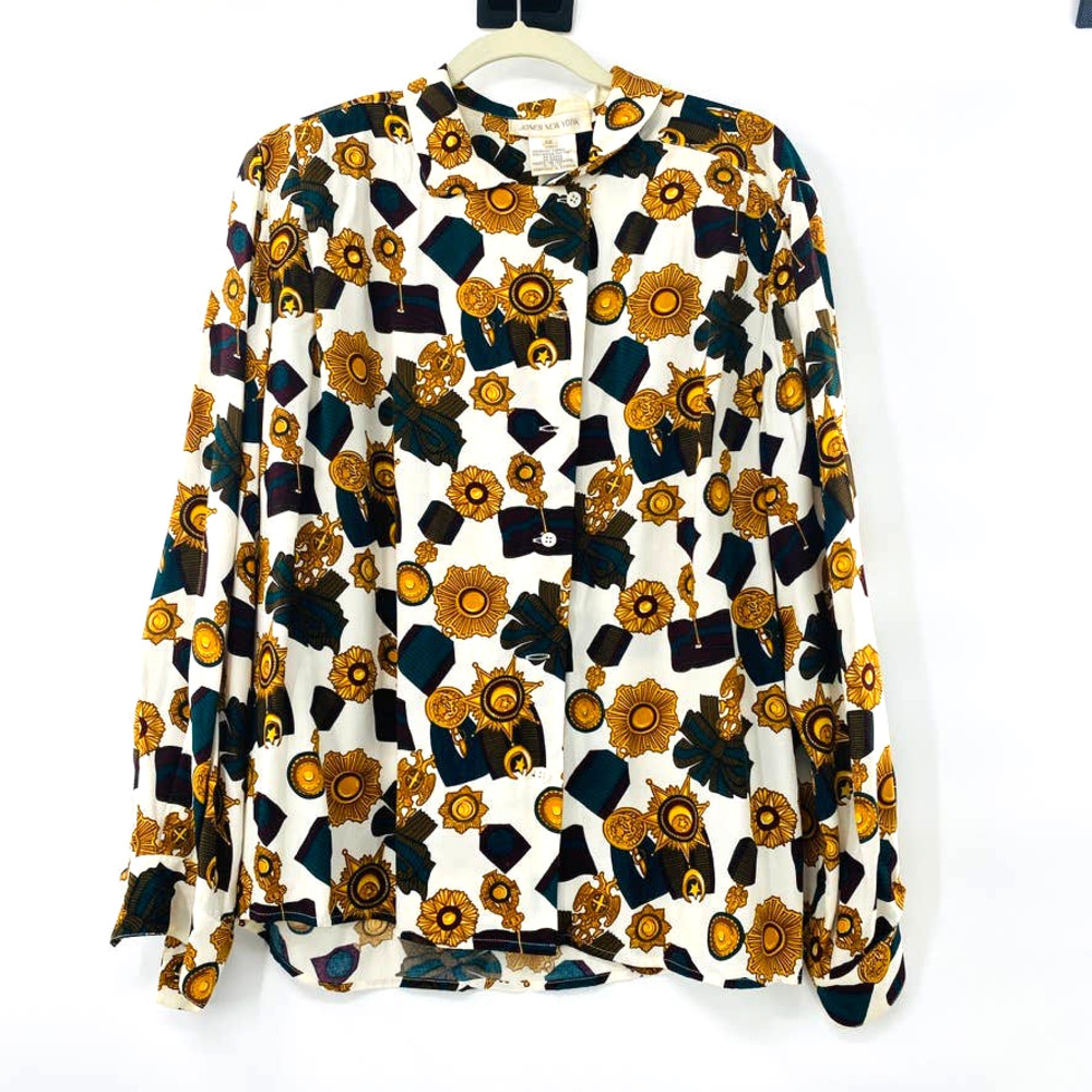 Jones New York Vintage Button Down Blouse Shirt Top Gold Medal Print Size 12